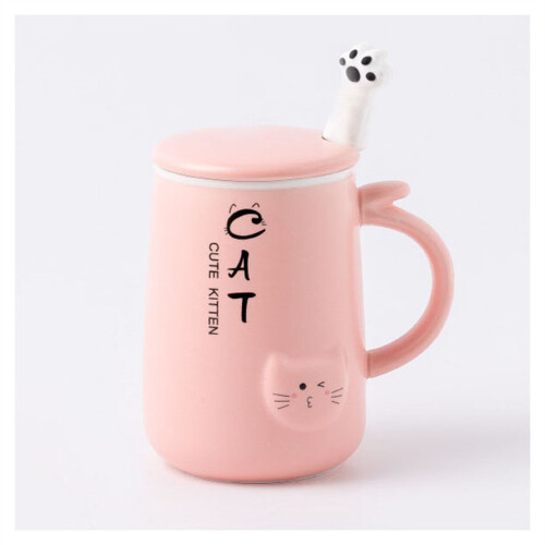 (Pink) Cute Cartoon Cat Cup Ceramic Coffee Mug with Lid, Lovely Stainless Steel Spoon, Ceramic Coffee Cup, Tea Cup, Milk Cup For Present