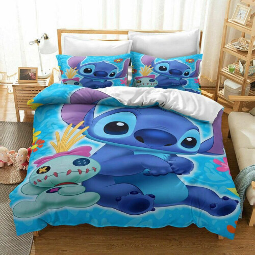 Blue EU King 3pcs 240x220cm Lilo Stitch Bedding Set Kids 3D Stitch Duvet Cover Pillowcase Bed Set Gift