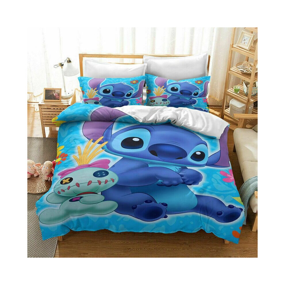 (Blue, EU-King(3pcs):240x220cm) Lilo & Stitch Bedding Set Kids 3D Stitch Duvet Cover Pillowcase Bed Set Gift