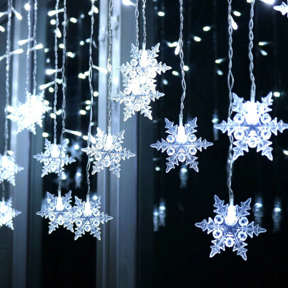(White, ES) 96LED Snowflake Fairy String Lights Curtain Window 8 Modes Christmas Party Decor-image-OPC-P8NVG5Q-NEW
