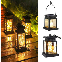 (Star-Pole) Solar Power Outdoor Garden Flickering LED Hanging Candle Lantern Light