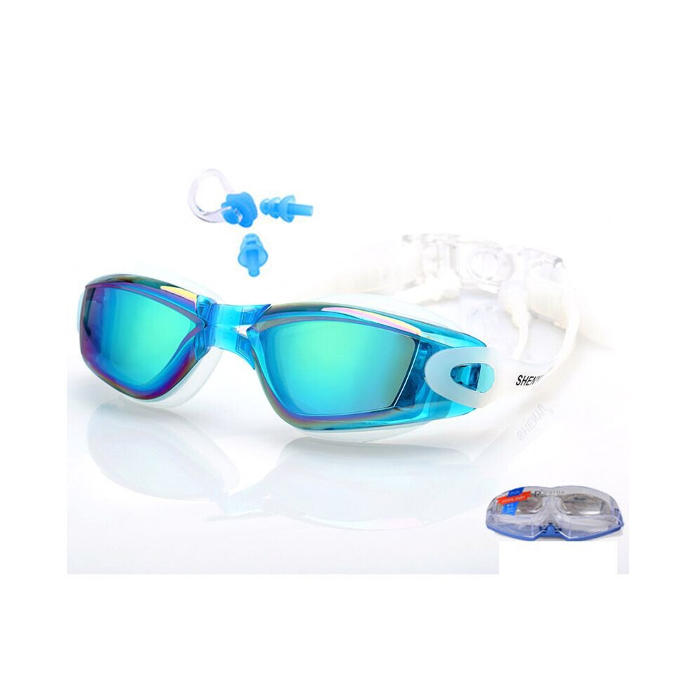 (blue) Swimming Glasses Waterproof and Anti-fog Colorful Plating Small Mirror Racing Swim Glasses Set