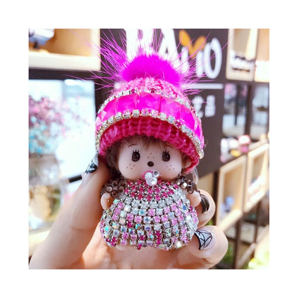 (Rose) Crystal Hat Monchichi Pompom Keychain Keyring Charm Pendant Purse Bag Key Chain