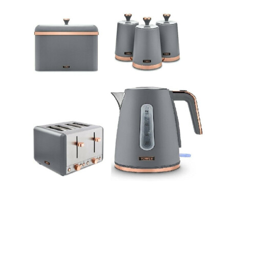Grey & Rose Gold Cavaletto 1.7L Jug Kettle, 4 Slice Toaster Bread Bin