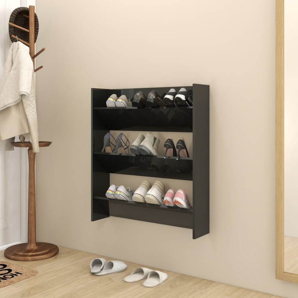 vidaXL Wall Shoe Cabinet High Gloss Black Chipboard Shoe Organiser Rack Shelf