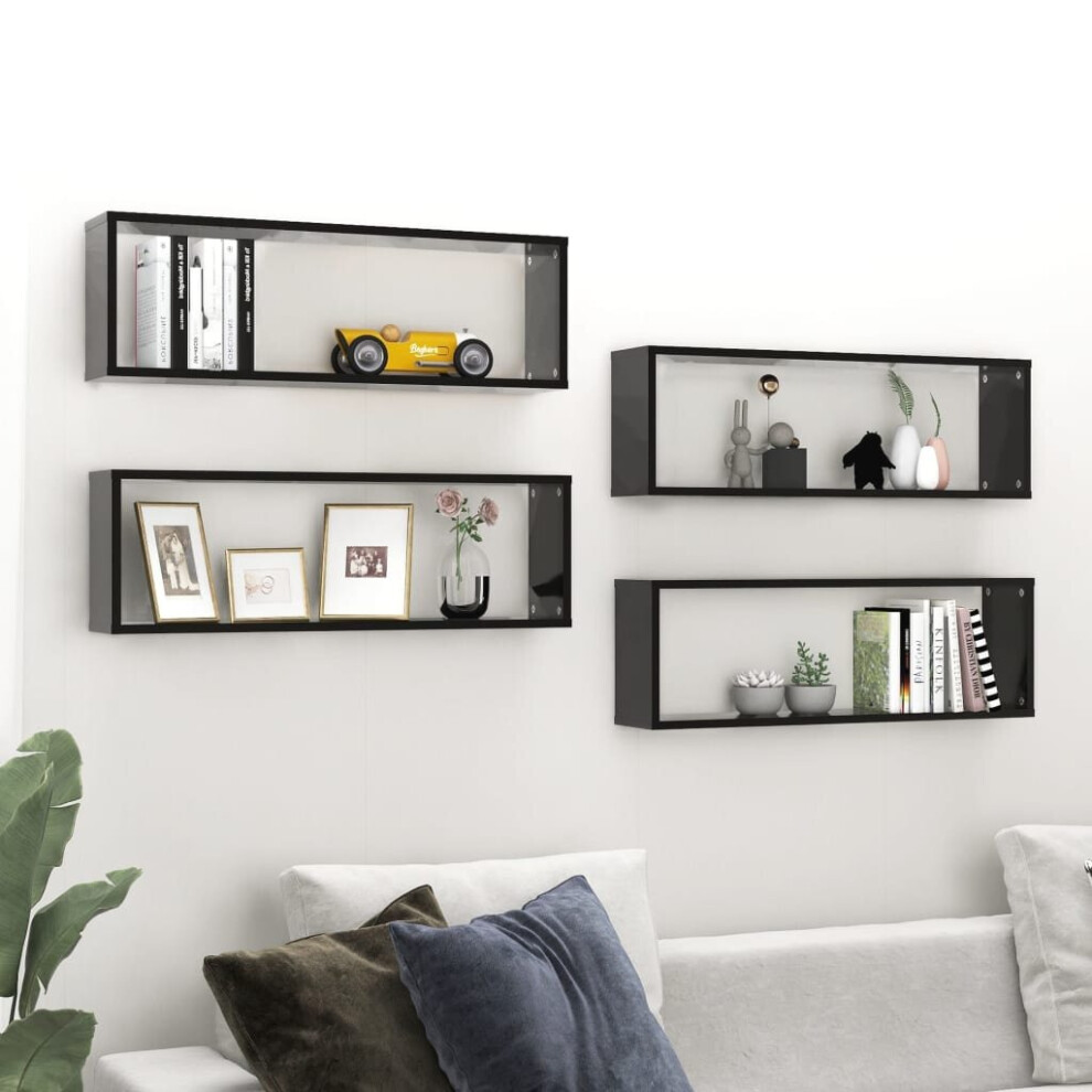 vidaXL 4x Wall Cube Shelves Black Chipboard Storage Hanging Floating Shelf