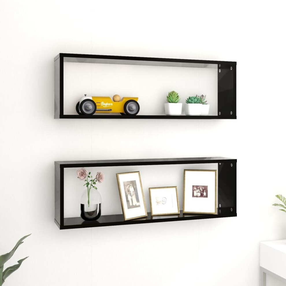 vidaXL 2x Wall Cube Shelves Black Chipboard Storage Hanging Floating Shelf