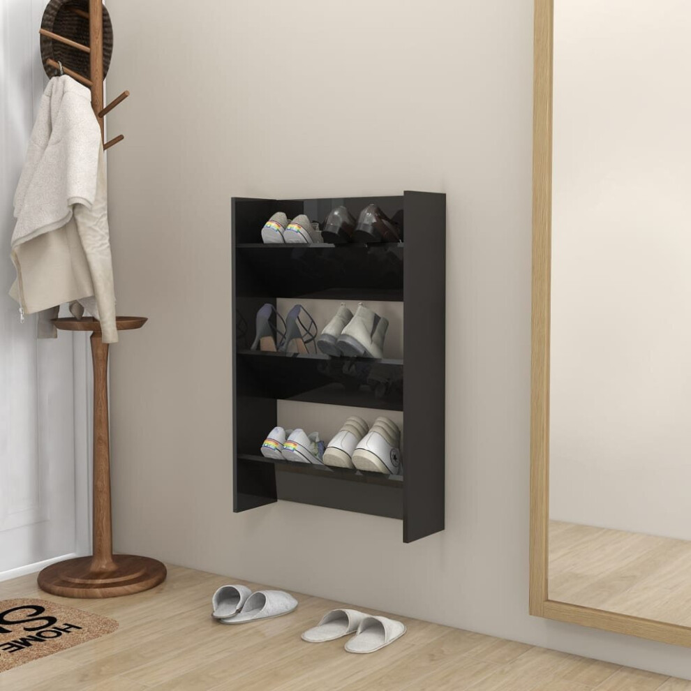 vidaXL Wall Shoe Cabinet High Gloss Black Chipboard Hanging Shoe Rack Shelf