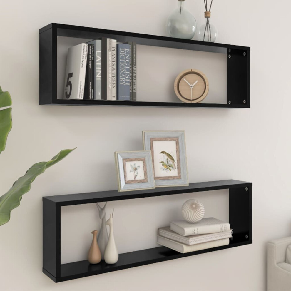 vidaXL 2x Wall Cube Shelves Black Chipboard Storage Hanging Floating Shelf