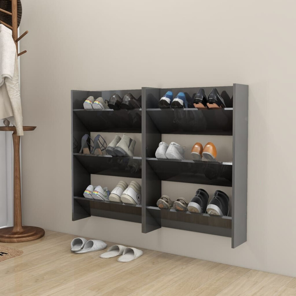 vidaXL 2x Wall Shoe Cabinets High Gloss Grey Chipboard Hanging Shoe Rack Shelf