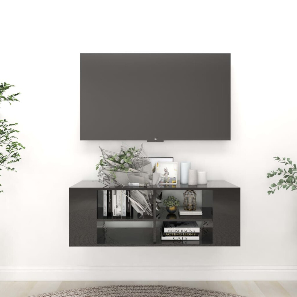 vidaXL Wall-Mounted TV Cabinet Concrete High Gloss Black Chipboard Living Room