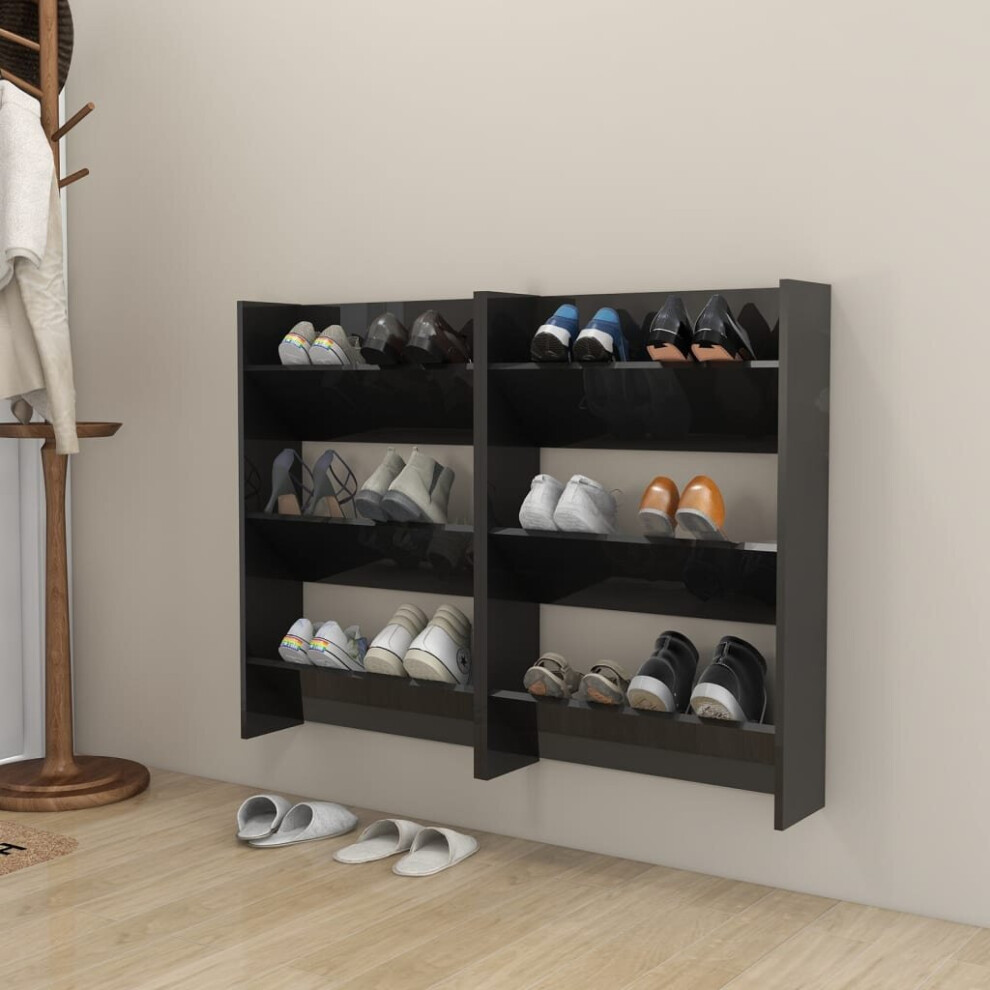 vidaXL 2x Wall Shoe Cabinets High Gloss Black Chipboard Hanging Shoe Shelf