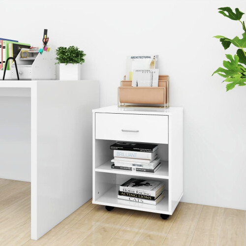 VidaXL vidaXL Rolling Cabinet High Gloss White Engineered Wood Drawer Rolling Cabinet