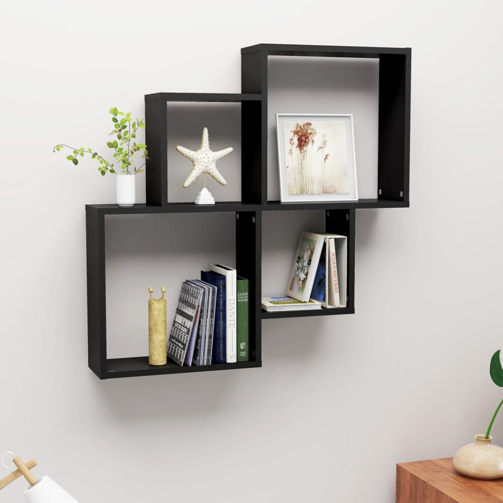 vidaXL Wall Cube Shelf Black Chipboard Wall-Mounted Floating Hanging Shelf