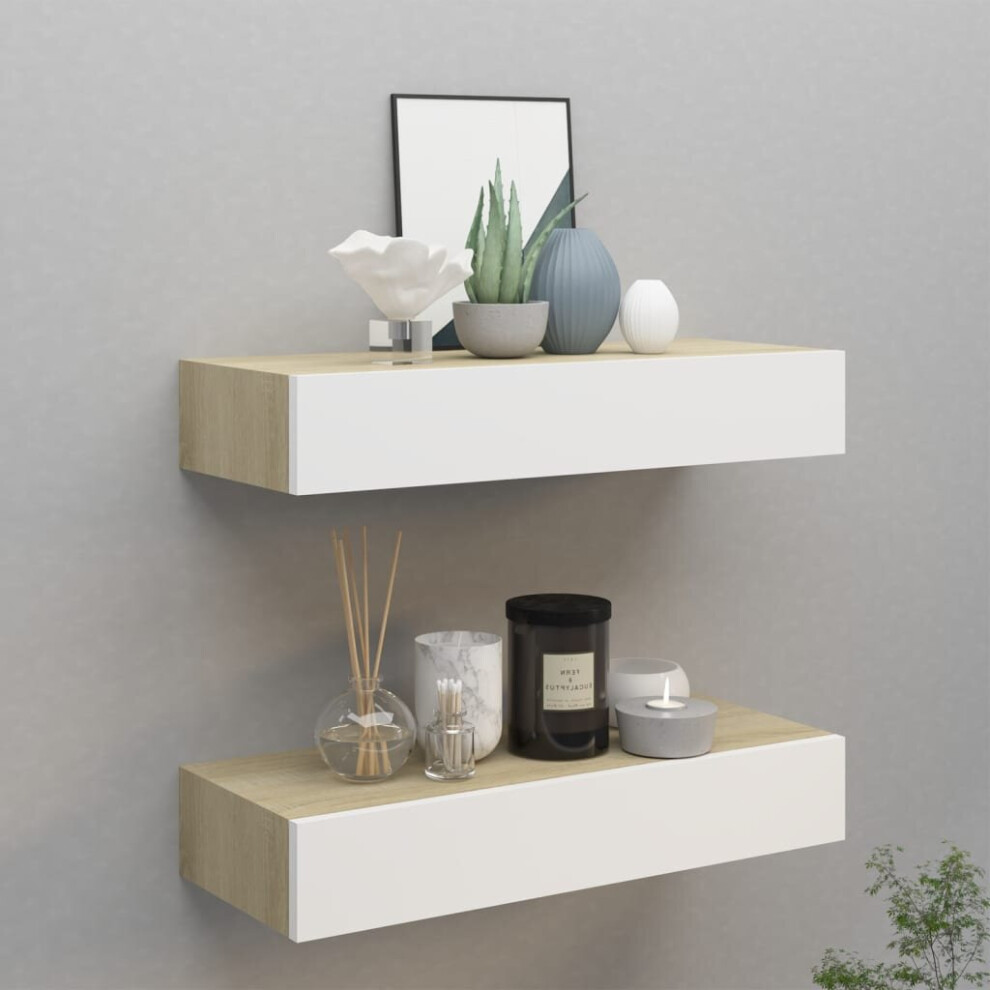 vidaXL 2x Wall Drawer Shelves Oak and White MDF Floating Cabinet Wall Shelf