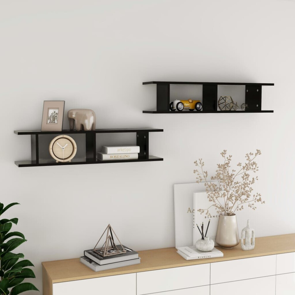 vidaXL 2x Wall Shelves Black Chipboard Wall-Mounted Hanging Floating Shelf