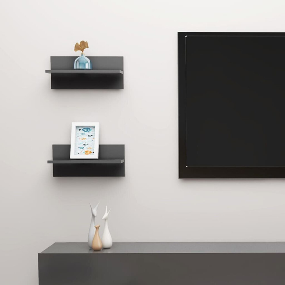 vidaXL 2x Wall Shelves Grey Chipboard Home Wall-Mounted Hanging Display Shelf