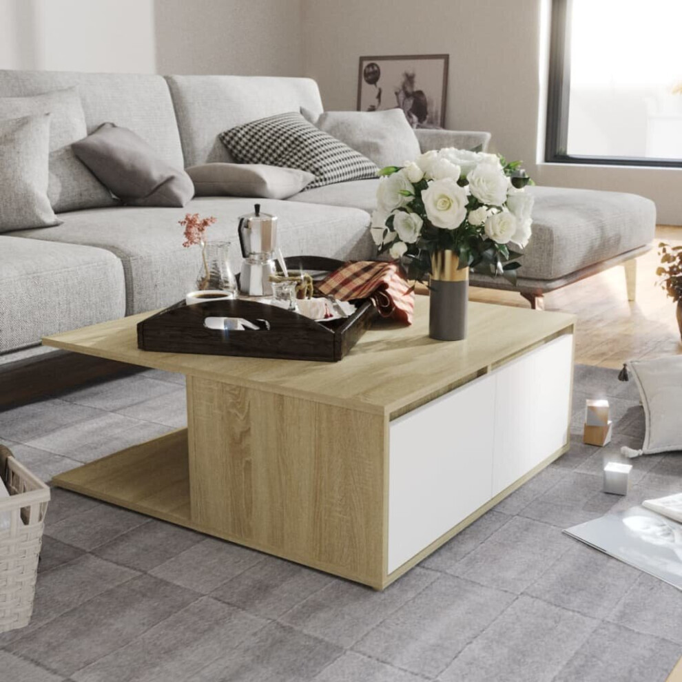 vidaXL Coffee Table White and Sonoma Oak Chipboard Couch Side End Accent Table