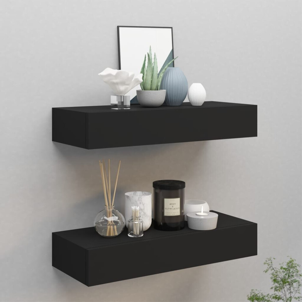 vidaXL 2x Wall-mounted Drawer Shelves Black MDF Floating Cabinet Wall Shelf