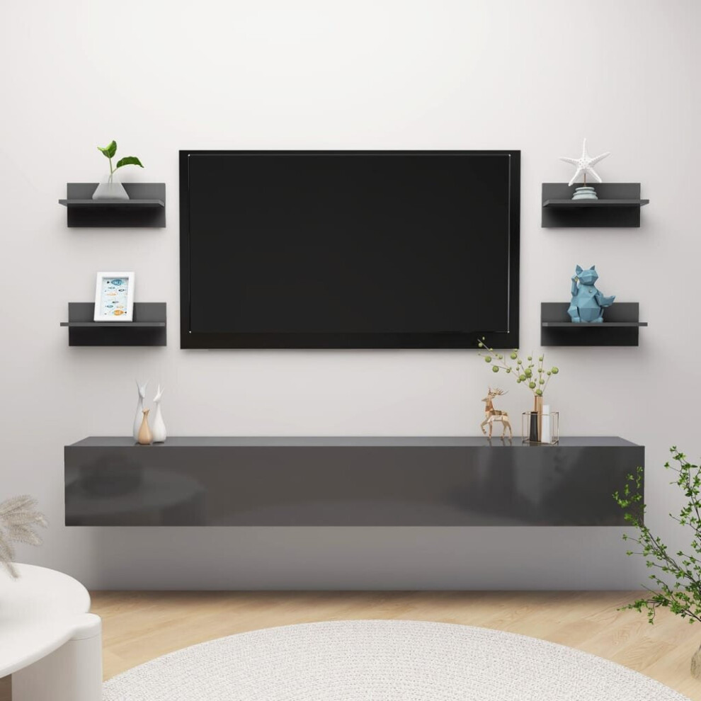 vidaXL 4x Wall Shelves High Gloss Grey Home Wall-Mounted Hanging Display Shelf