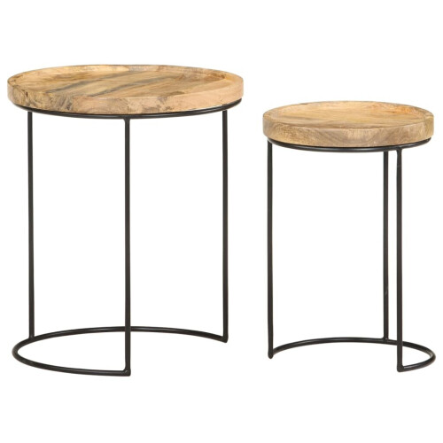 VidaXL vidaXL Solid Mango Wood Coffee Table Set 2 Piece Steel Wooden Side Table Set 2