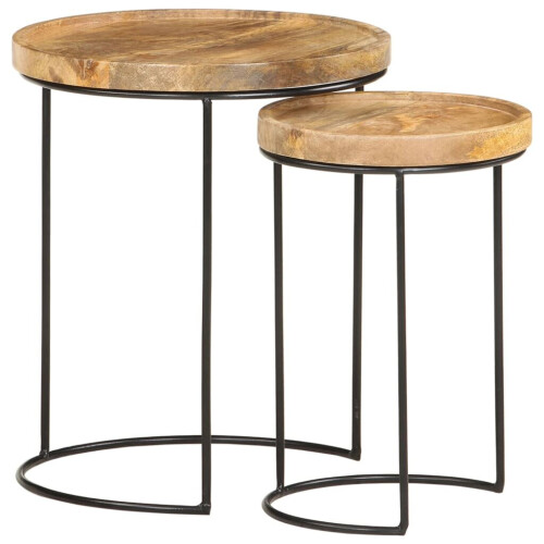 VidaXL vidaXL Solid Mango Wood Coffee Table Set 2 Piece Steel Wooden Side Table Set