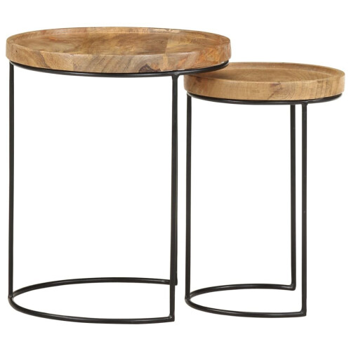 VidaXL vidaXL Solid Mango Wood Coffee Table Set 2 Piece Steel Wooden Side Table Set 1