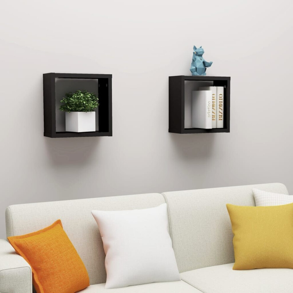 vidaXL 2x Wall Cube Shelves Black Storage Wall Hanging Floating Shelf Unit