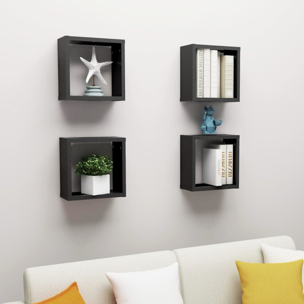 vidaXL 4x Wall Cube Shelves Black Storage Wall Hanging Floating Shelf Unit