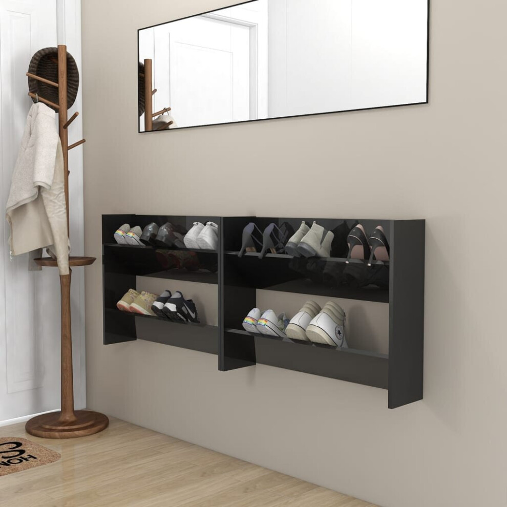 vidaXL 2x Wall Shoe Cabinets High Gloss Black Engineered Wood Hanging Shelf