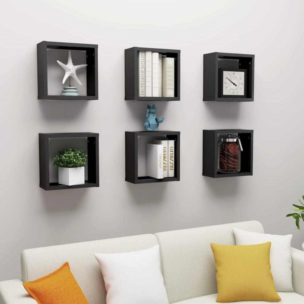 vidaXL 6x Wall Cube Shelves Black Storage Wall Hanging Floating Shelf Unit