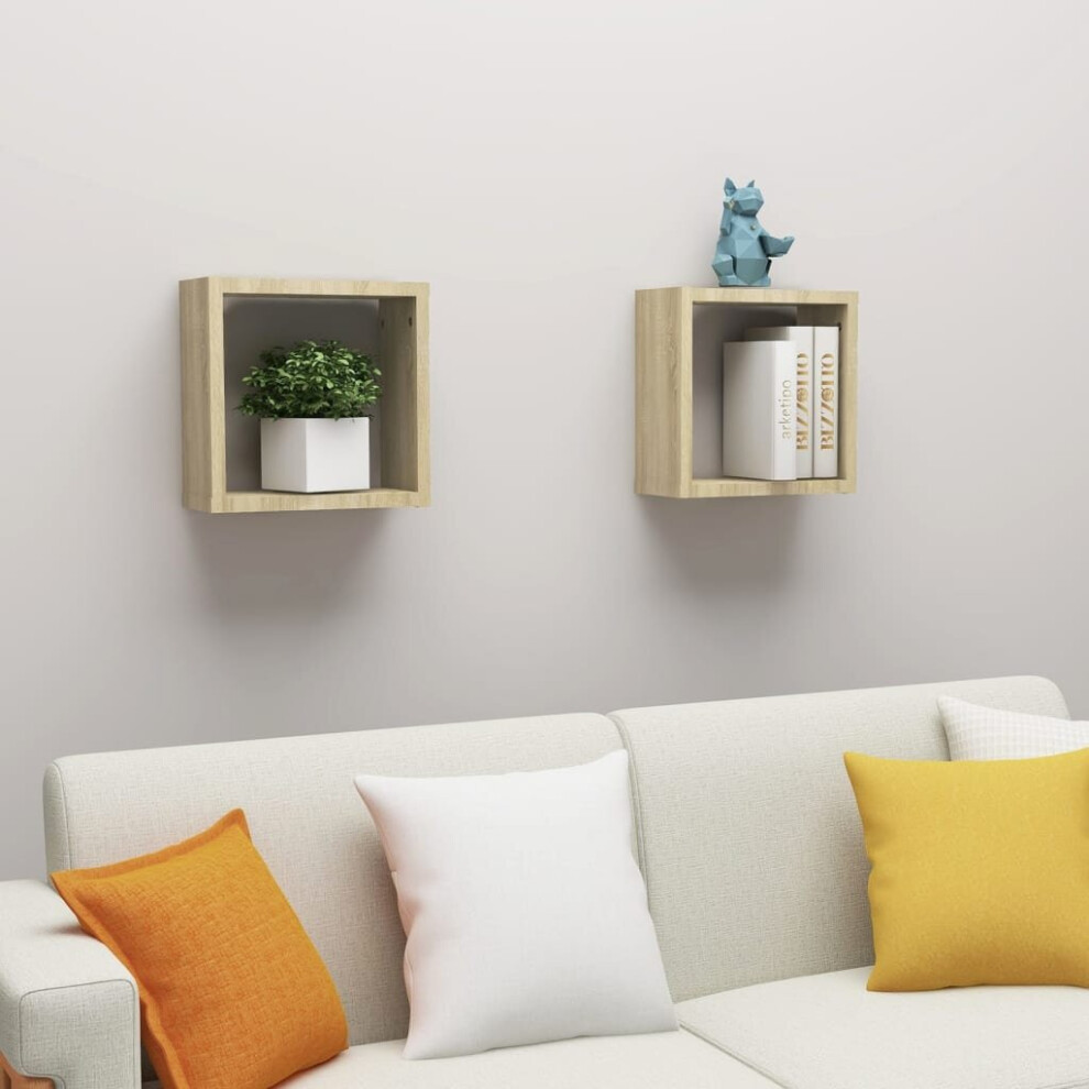 vidaXL 2x Wall Cube Shelves Sonoma Oak Storage Wall Hanging Floating Shelf