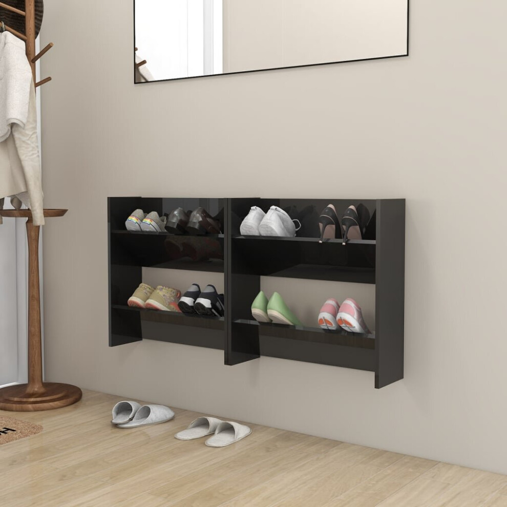 vidaXL 2x Wall Shoe Cabinets High Gloss Black Chipboard Hanging Shoe Shelf