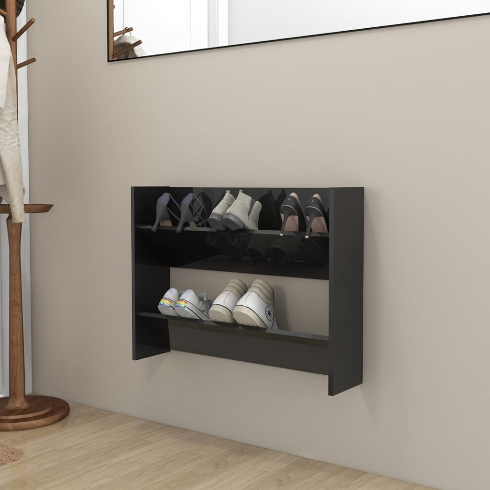 vidaXL Wall Shoe Cabinet High Gloss Black Chipboard Hanging Shoe Rack Shelf