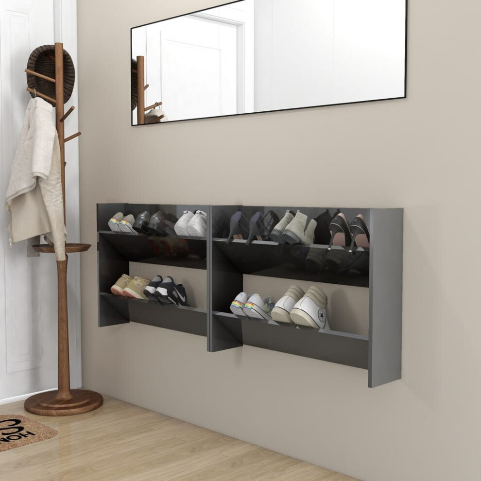 vidaXL 2x Wall Shoe Cabinets High Gloss Grey Chipboard Hanging Shoe Rack Shelf