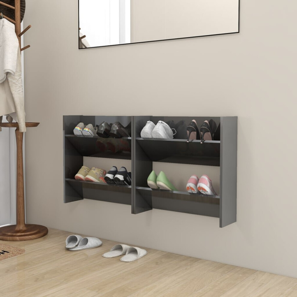 vidaXL 2x Wall Shoe Cabinets High Gloss Grey Chipboard Hanging Shoe Rack Shelf