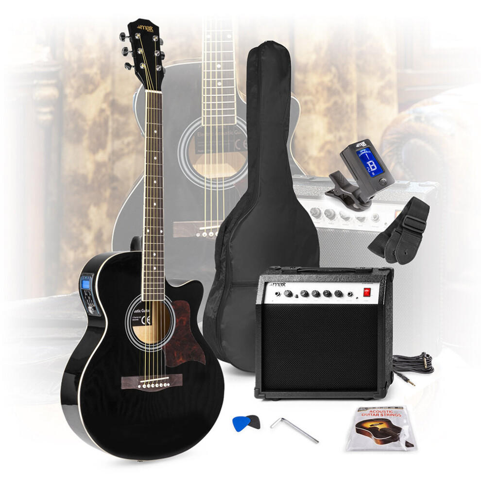 Max ShowKit Electro Acoustic Guitar Pack Full Size with 40 Watt Combo Amplifier Steel String Set Gig Bag Strap Picks and Digital Tuner Beginners