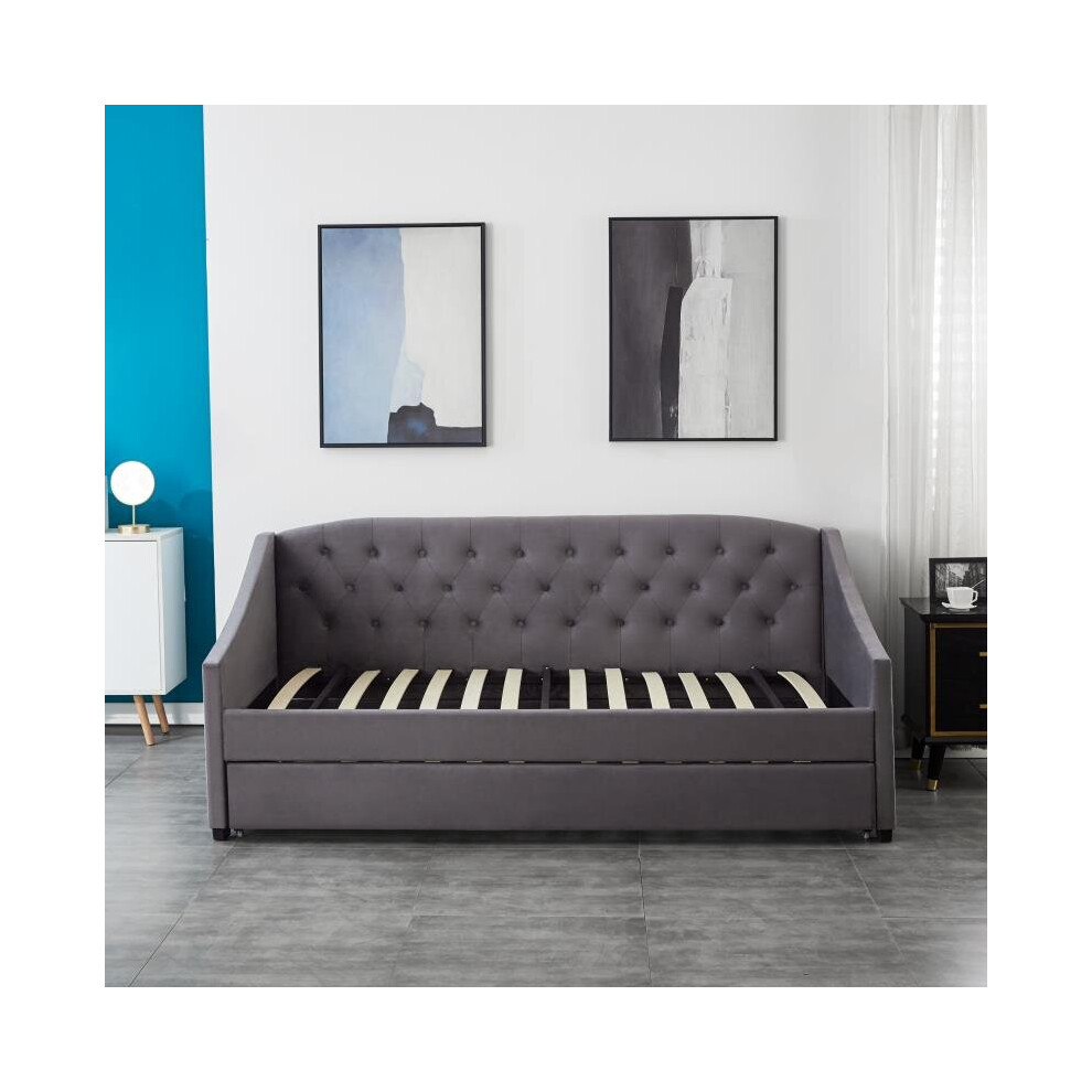 (Daybed With Trundle Only(No Mattress)) Carlton Velvet Grey Daybed 3ft Single With Trundle