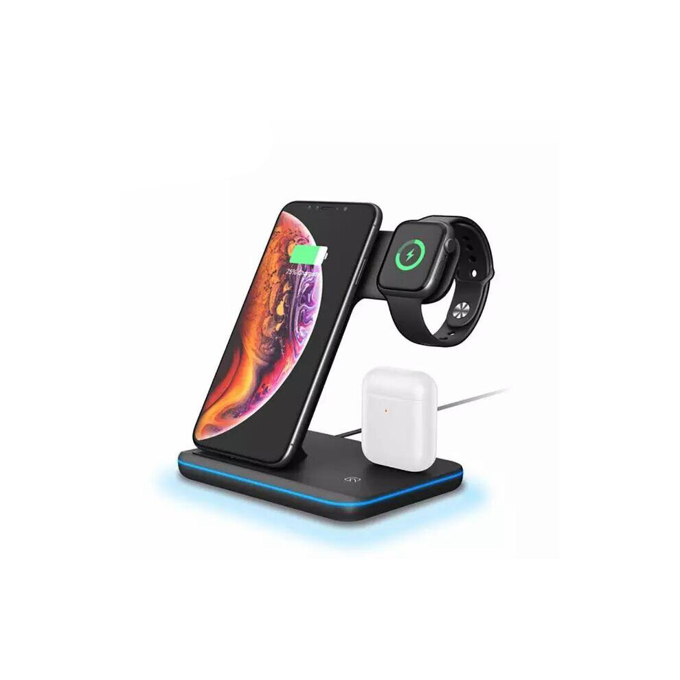 (Black) 3 in 1 Wireless Charger Dock Charging Station For iWatch iPhone 8 11 Pro Max XS
