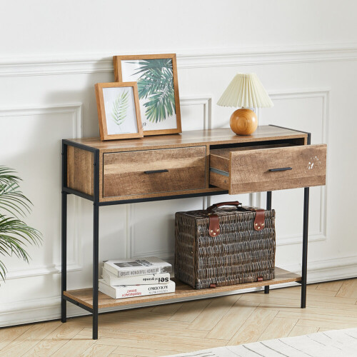 Living And Home Metal Frame Console Table for Hallway with 2 Drawers 1