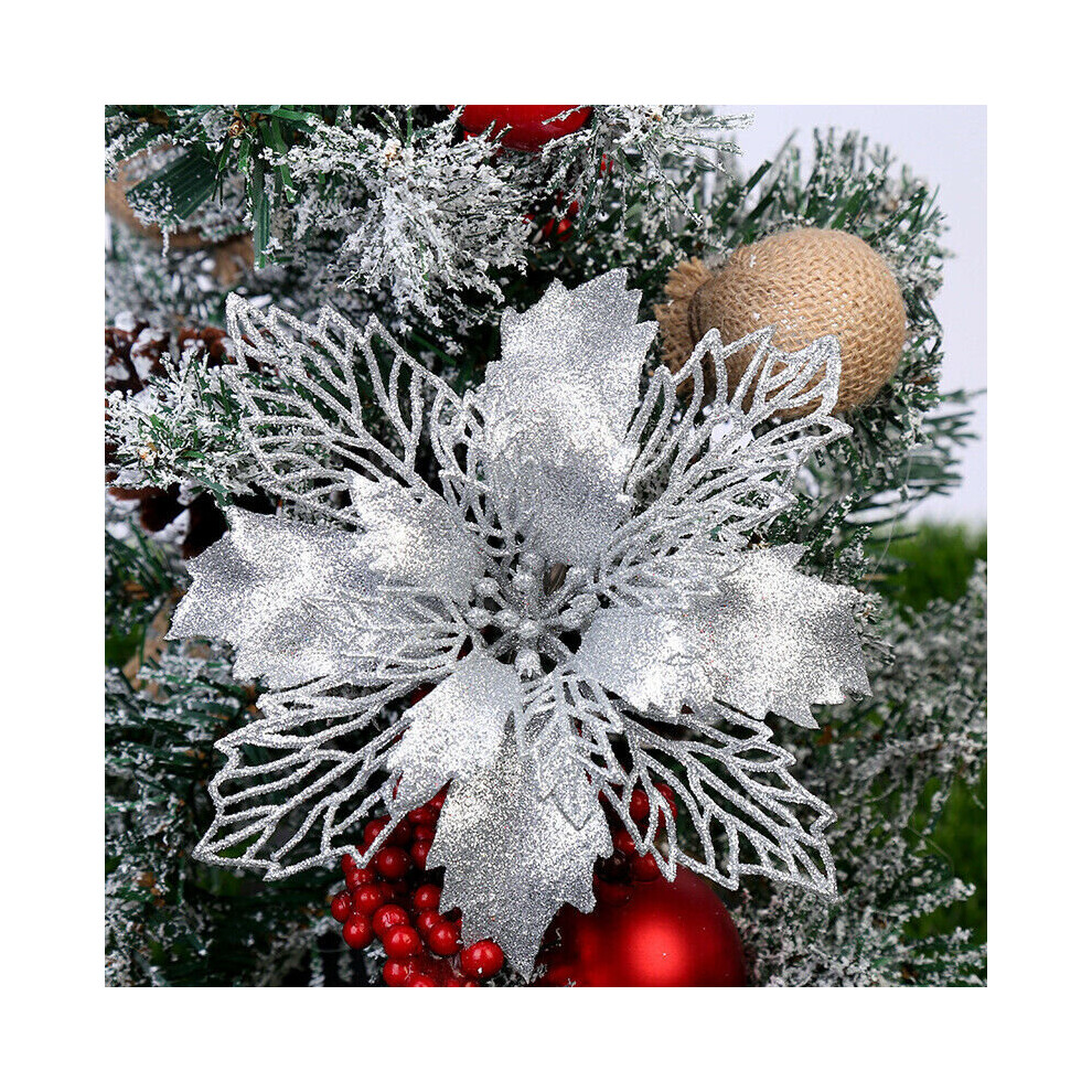 (Silver) 10X 16CM Christmas Large Poinsettia Glitter Flower Tree Hanging Party Xmas Decor New Christmas tree Decoration