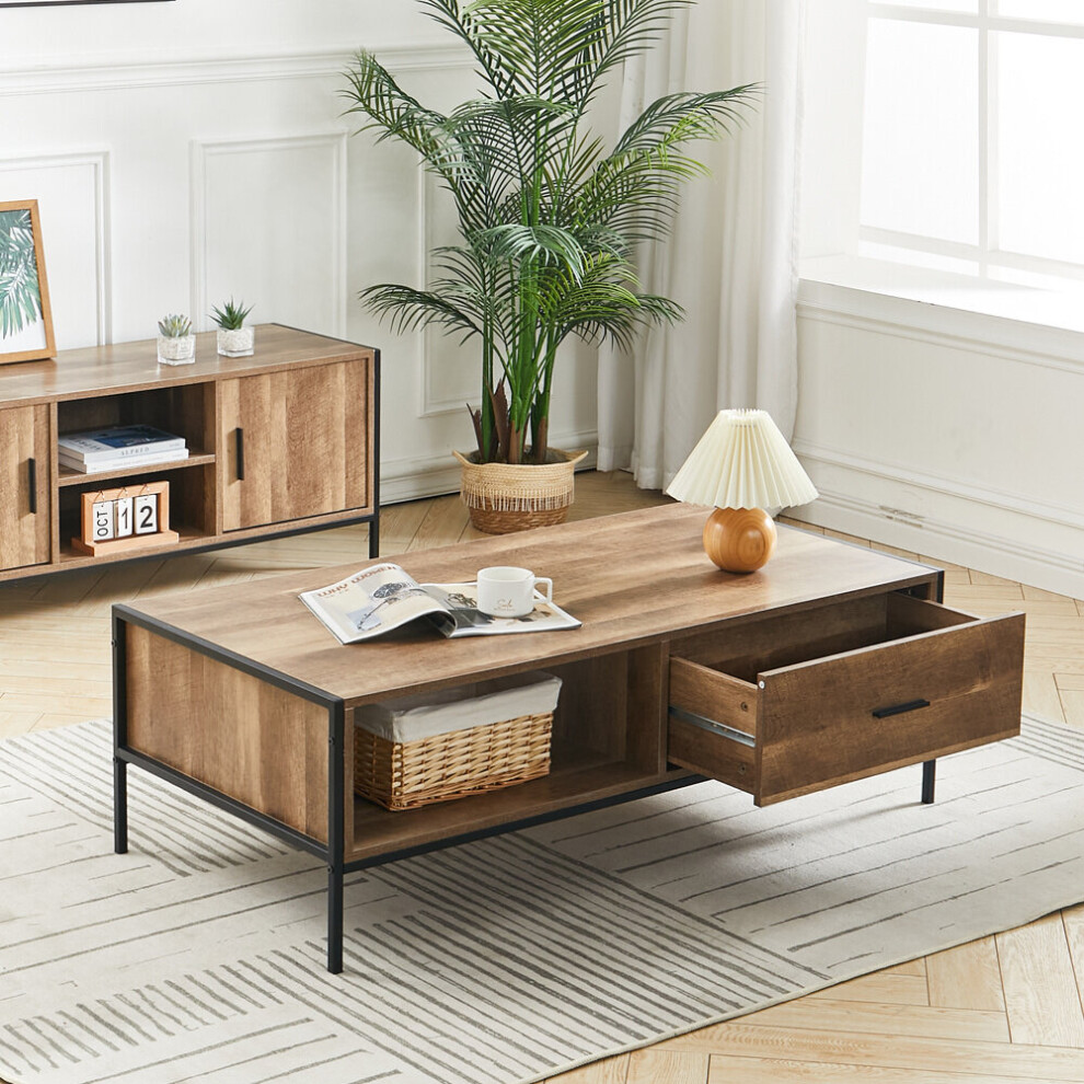 Rustic Coffee Table Metal Frame with Drawers