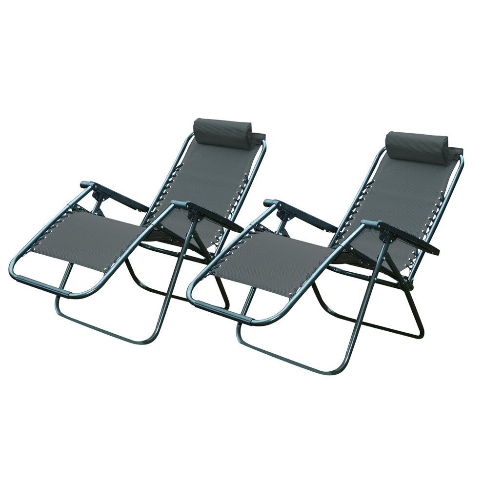 (Grey) Set x 2 Textoline Folding Garden Sun Lounger Chairs Patio Furniture Zero Gravity