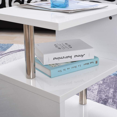 White High Gloss 2 Tier Side Coffee Table With Led Light Home Decor 2