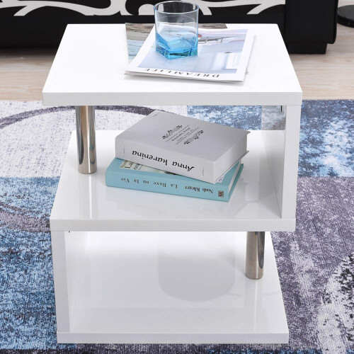 White High Gloss 2 Tier Side Coffee Table With Led Light Home Decor 1