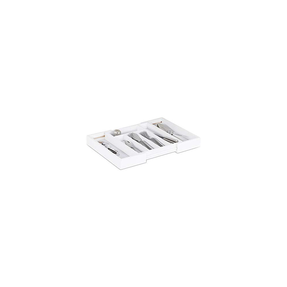 Relaxdays Cutlery Drawer Tray, Extendable, Variable Width, 5 - 7 Compartments, Bamboo Organiser, HWD: 5x48x33.5cm, White