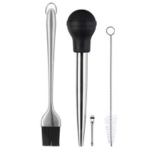 Kaycrown Stainless Steel Turkey Baster with BBQ/Grill Basting Brush, Commerical Grade Quality FDA Rubber Bulb Including Flavor Needle and Cleanin