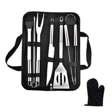 Emwel BBQ Grill Tools Set, 9 Pieces Stainless Steel BBQ Tool Sets +1 Barbecue Gloves, Outdoor Barbecue Grilling Utensil with Storage Case