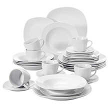 MALACASA, Series Elisa, 30-Piece Dinner Set Ivory White Porcelain Dinner Set with 6-Piece Cups 6-Piece Saucers 6-Piece Dessert Plates 6-Piece Soup Pla