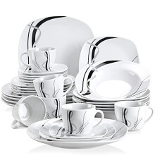 VEWEET 'Fiona' 30-Piece Dinner Set Ivory White Black Lines Porcelain China Ceramic Combination Sets with Dessert Plates/Soup Plates/Dinner Plates/Cups
